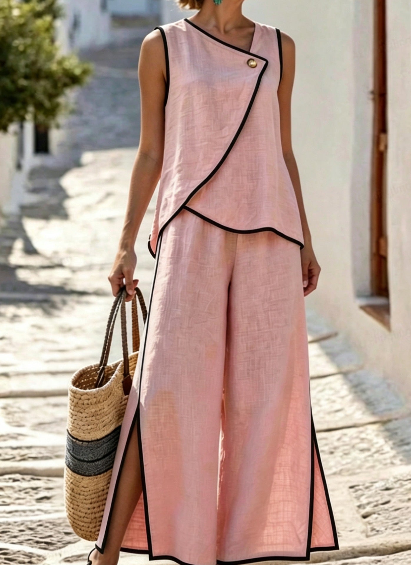 Earthy Yellow, Contrast Trim Top And Slit Pants Set in Earthy Yellow