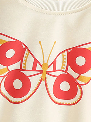 Cream crew neck sweatshirt with a red and yellow butterfly graphic.