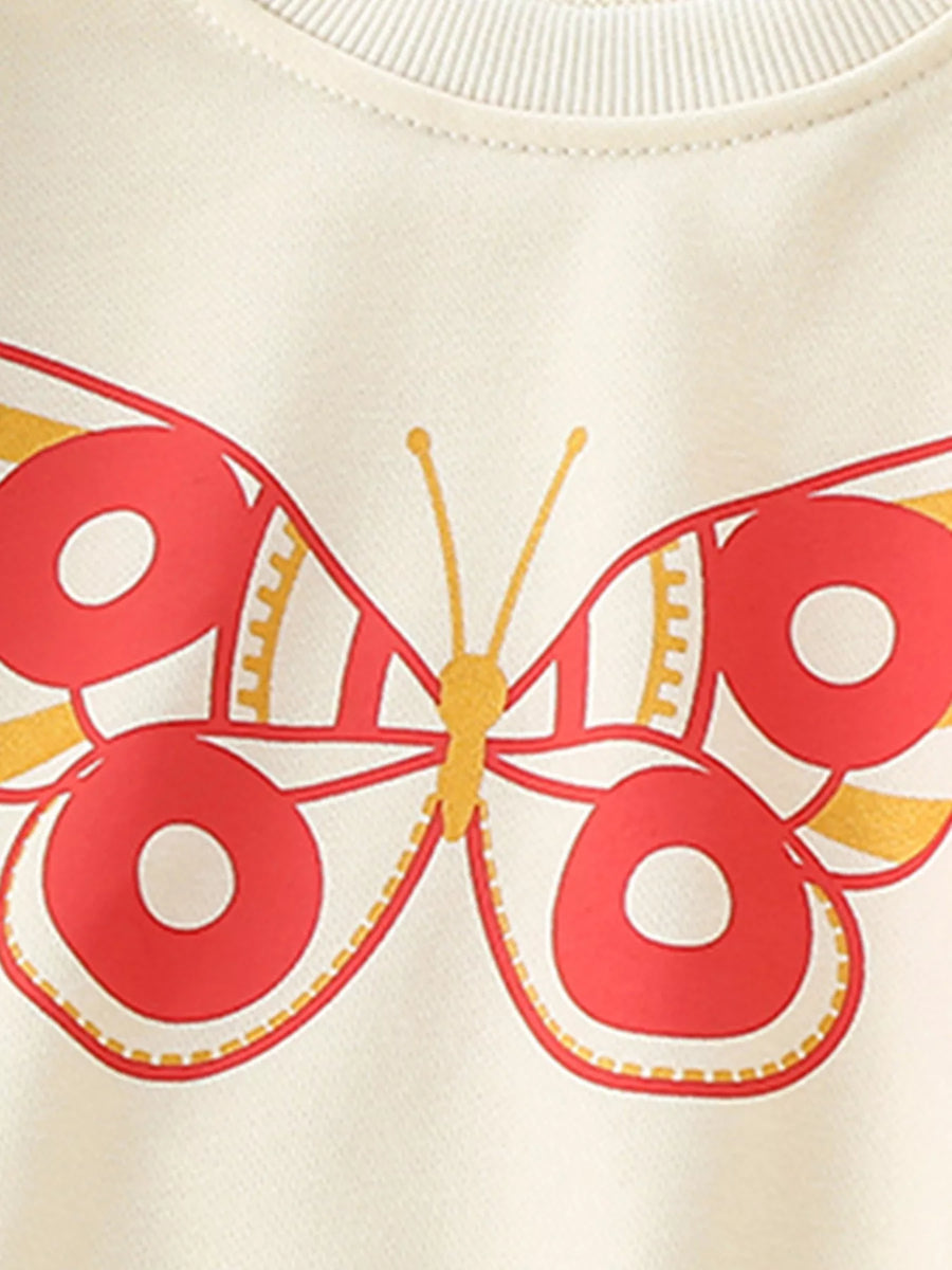 Cream crew neck sweatshirt with a red and yellow butterfly graphic.