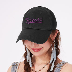 Black cotton baseball cap with purple embroidered text detail