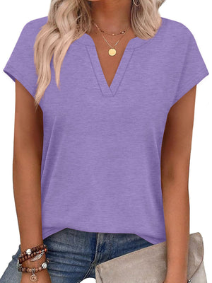 Purple heathered short-sleeve t-shirt with notched V-neck and comfortable fit.