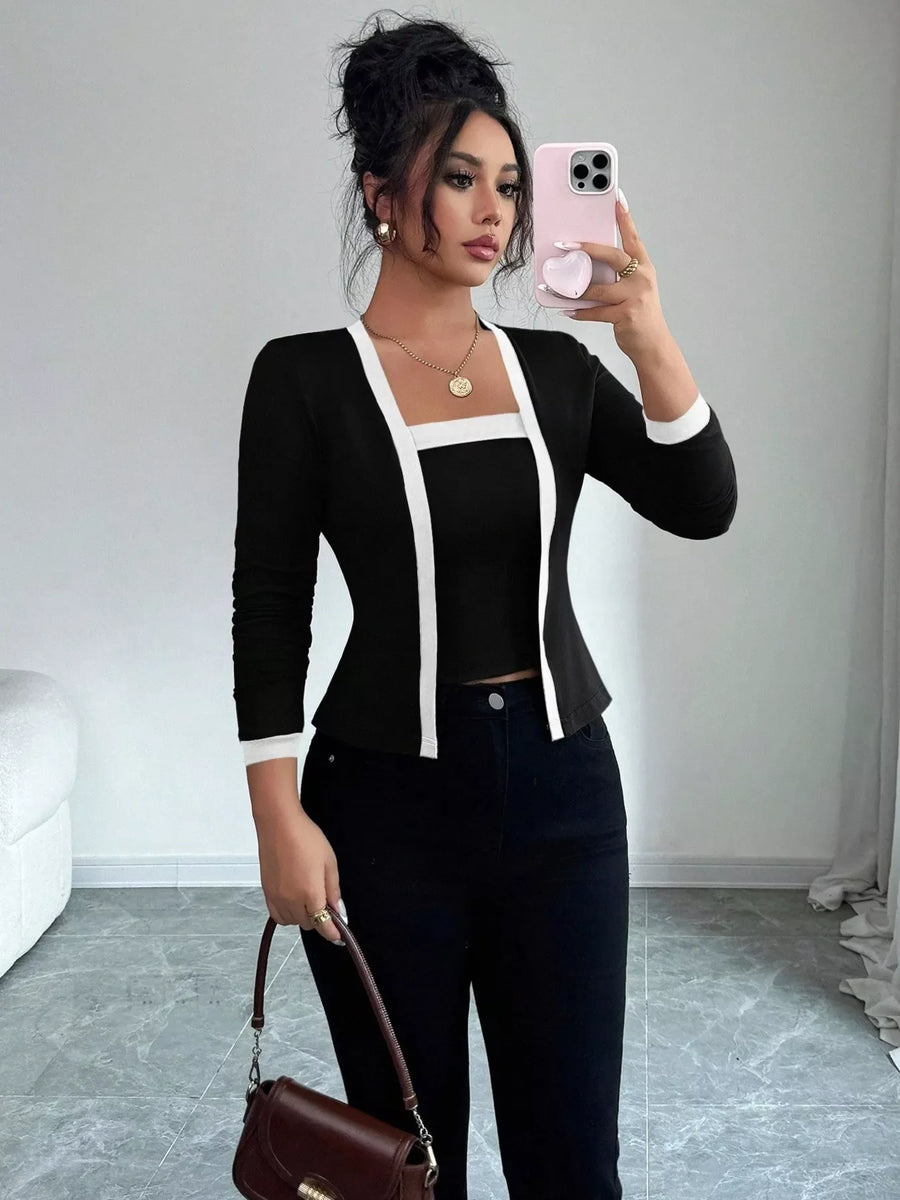 Black two-piece cardigan set with white trim and square neck tank top.