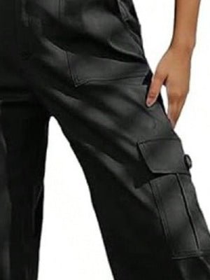 Black cargo pants with full-length and button-front
