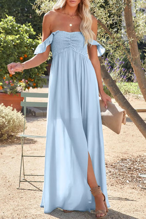 Light blue off-shoulder maxi dress with smocked bodice and sheer slit