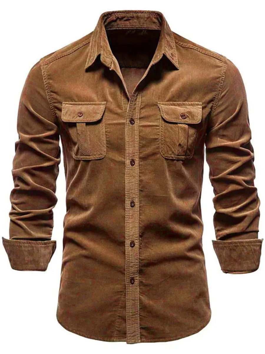 Caramel corduroy utility shirt with button-flap chest pockets and button front.