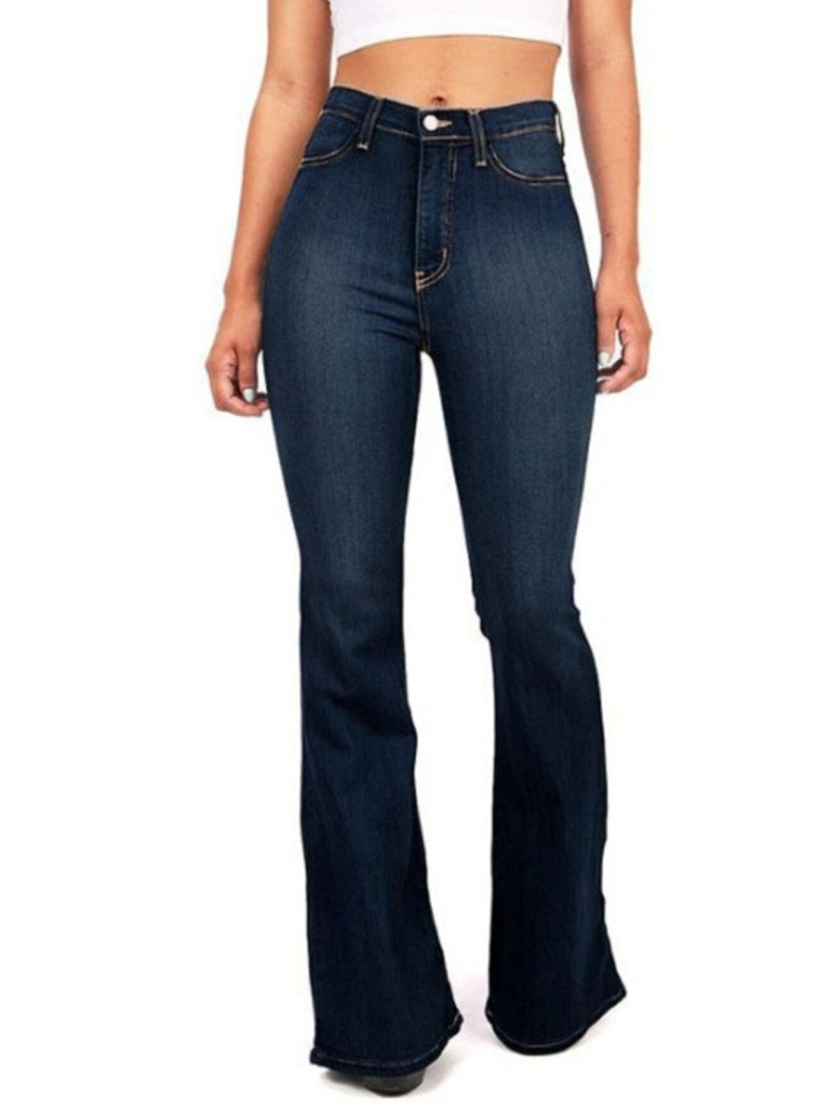 Curvy Fit high-rise bootcut jeans in dark blue denim with a comfortable cotton blend.
