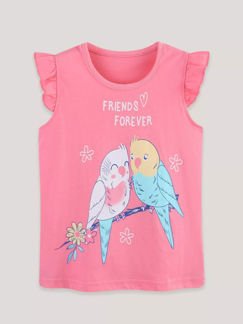 Pink cotton t-shirt with ruffle sleeves, featuring a bird print and "Friends Forever" text.