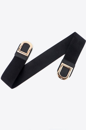 Black elastic belt with double gold square buckles and black faux leather accents.