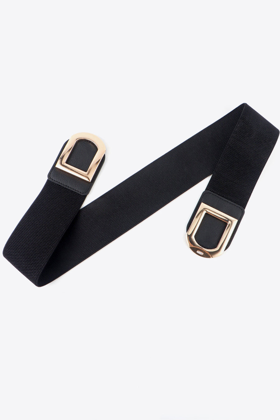 Black elastic belt with double gold square buckles and black faux leather accents.