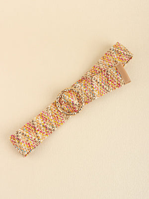 Woven raffia belt in multicolor with a sculpted gold buckle and tan leather trim.