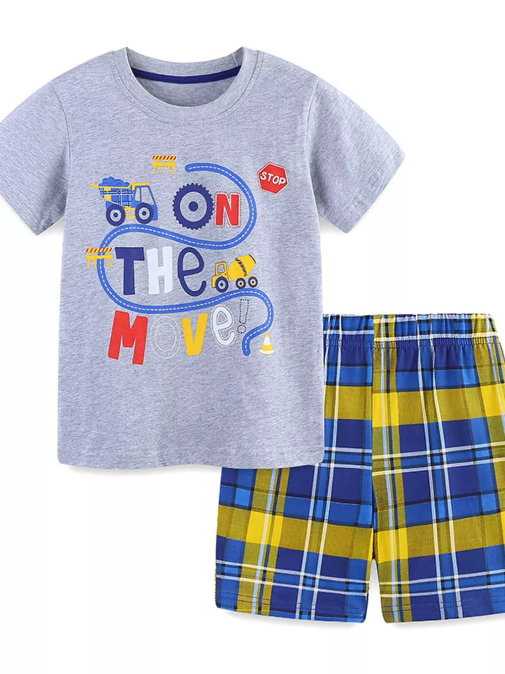 Grey cotton toddler t-shirt with construction graphic and blue yellow plaid shorts.