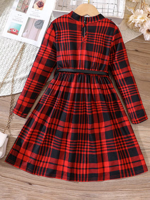 Belted red and black plaid long-sleeve baby dress with a mock neck.