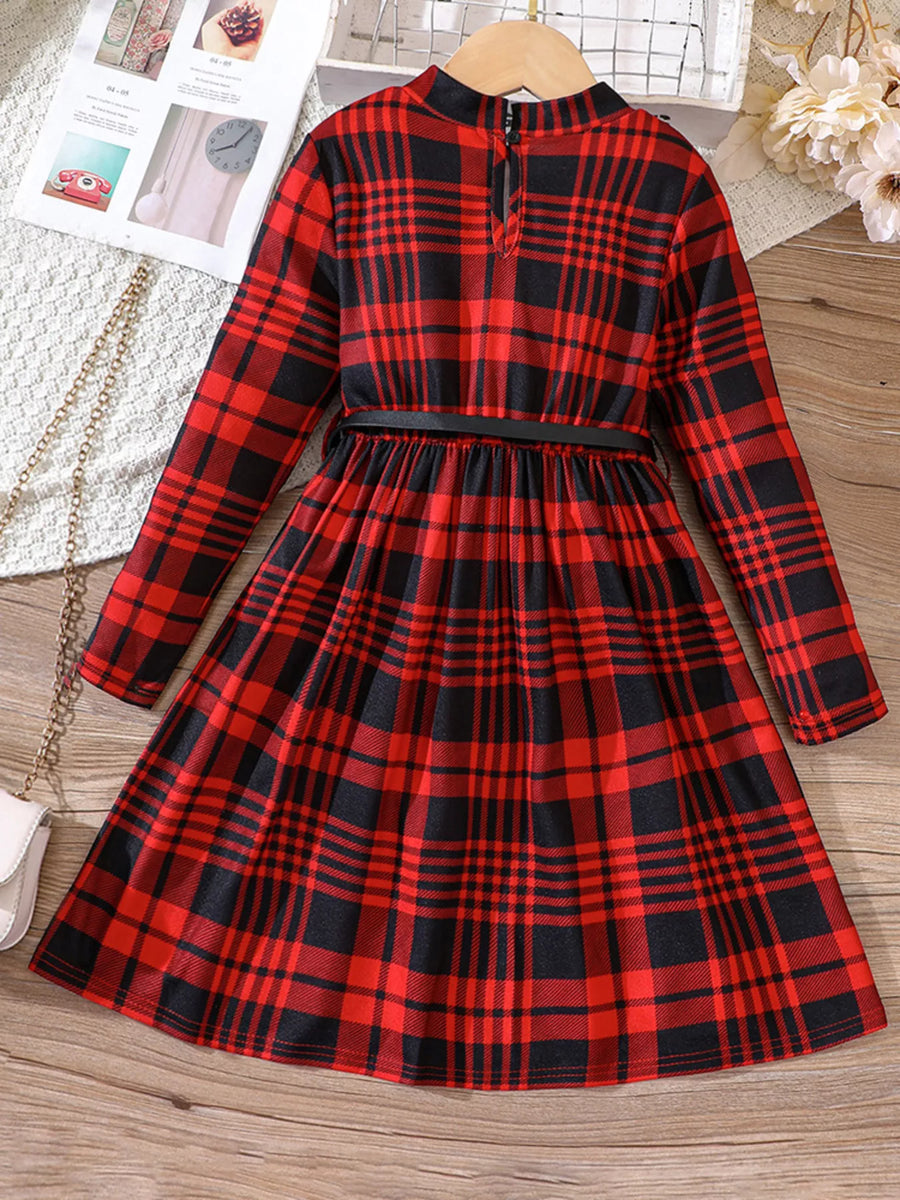 Belted red and black plaid long-sleeve baby dress with a mock neck.