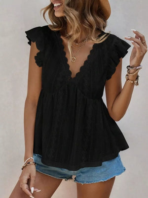 Black lace trim ruffle sleeve blouse with V-neck and eyelet detail.