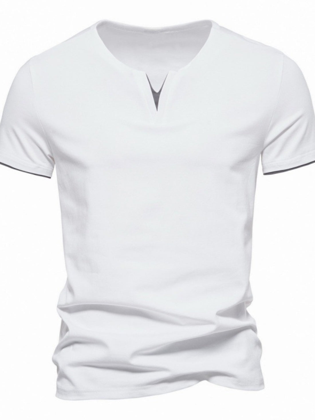 White cotton slim fit tee with notched V-neck and dark gray trim on sleeves.