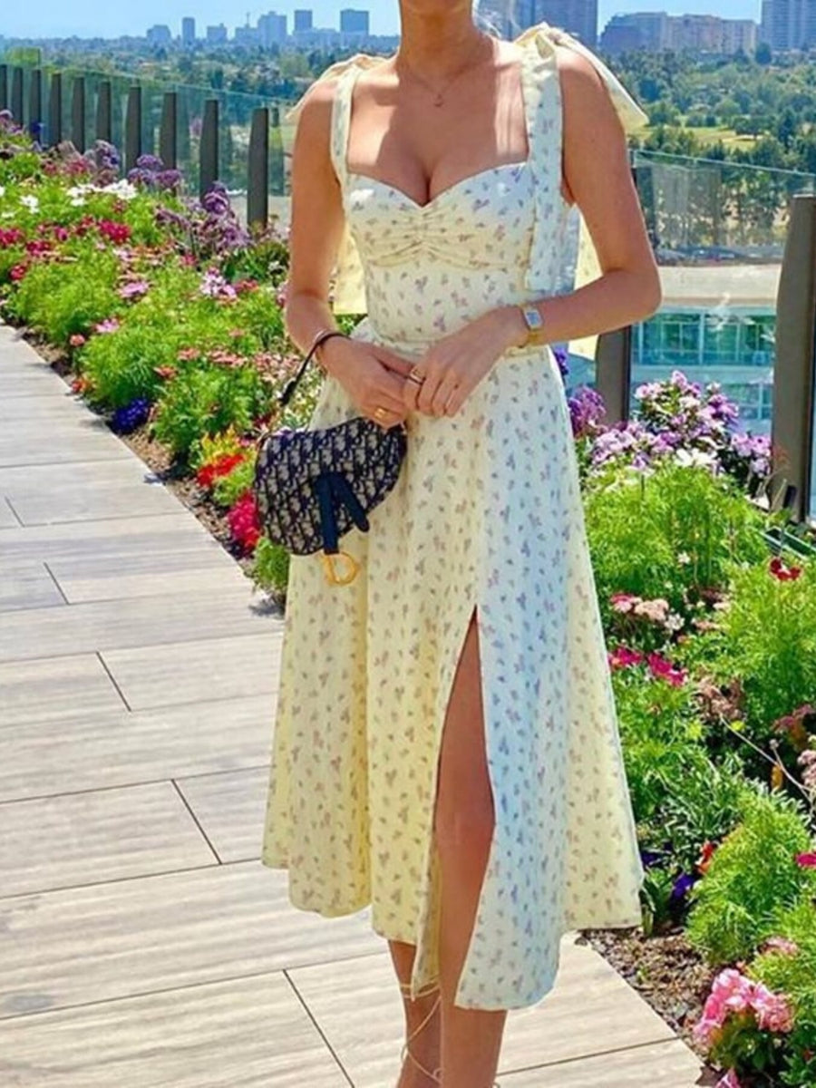 Yellow floral tie-shoulder midi dress with sweetheart neckline and thigh-high slit