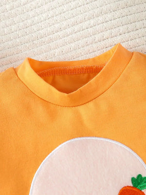 Orange with Children's Carrot Embroidered Round Neck One-piece & Hat Set