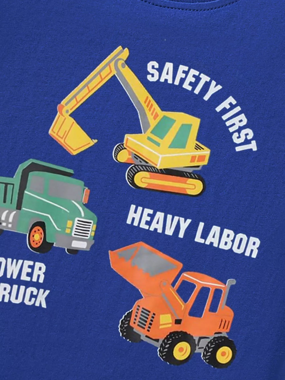 Blue t-shirt with construction vehicles and text Safety First Heavy Labor