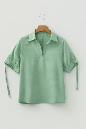 Striped Collared Split Neck Half Sleeve Blouse option 5