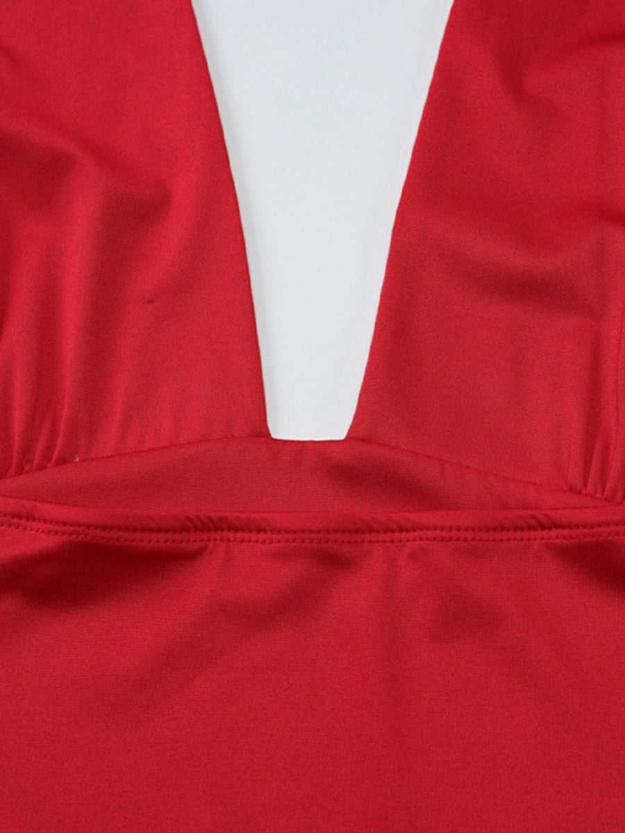 Red halter neck cami top with deep v-neck and adjustable ties