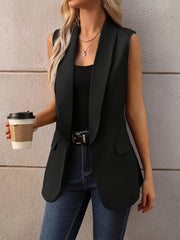 Black shawl collar sleeveless vest coat with lapels and pocket details.