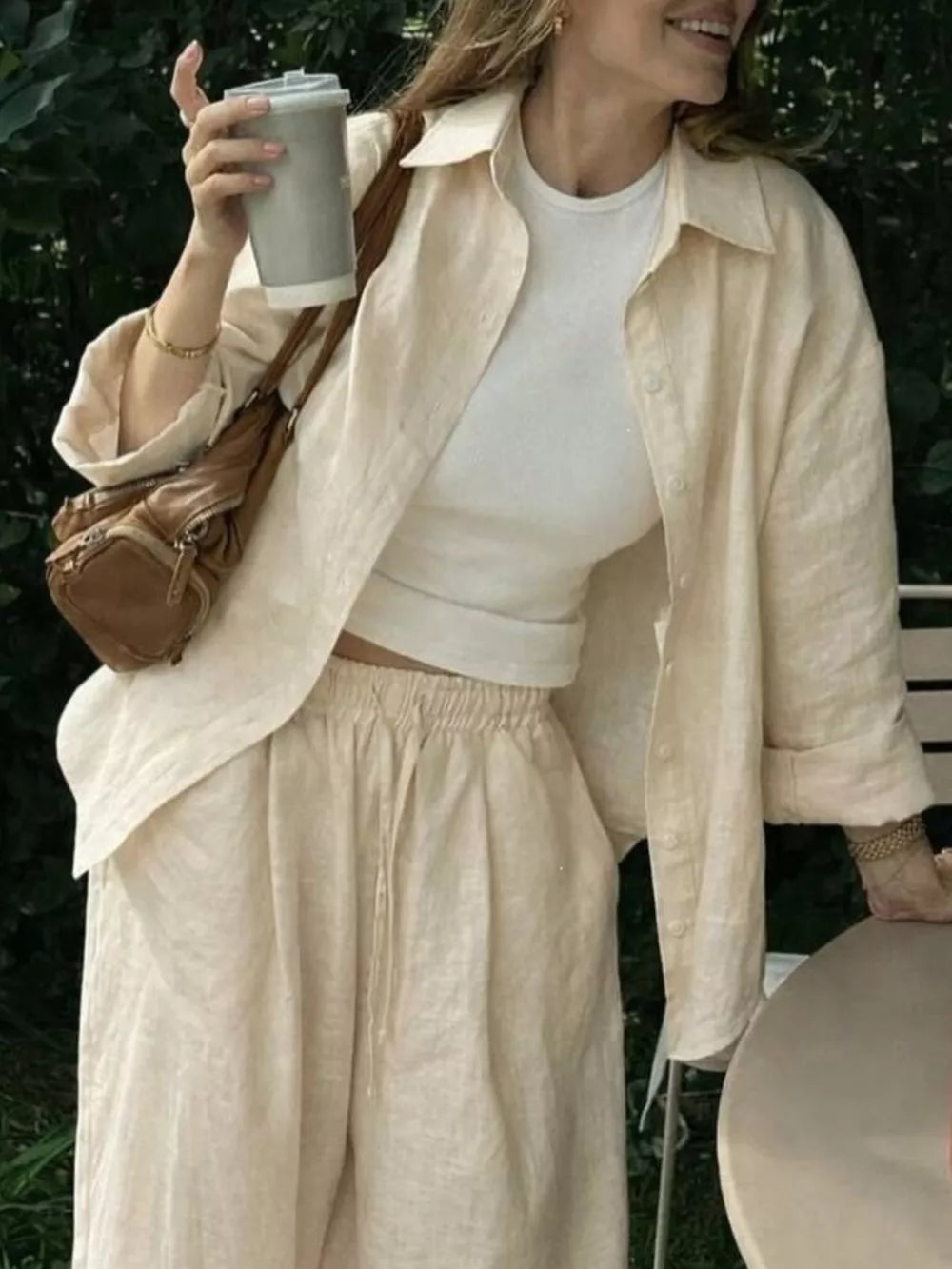 Apricot Button Up Shirt And Drawstring Pants Set