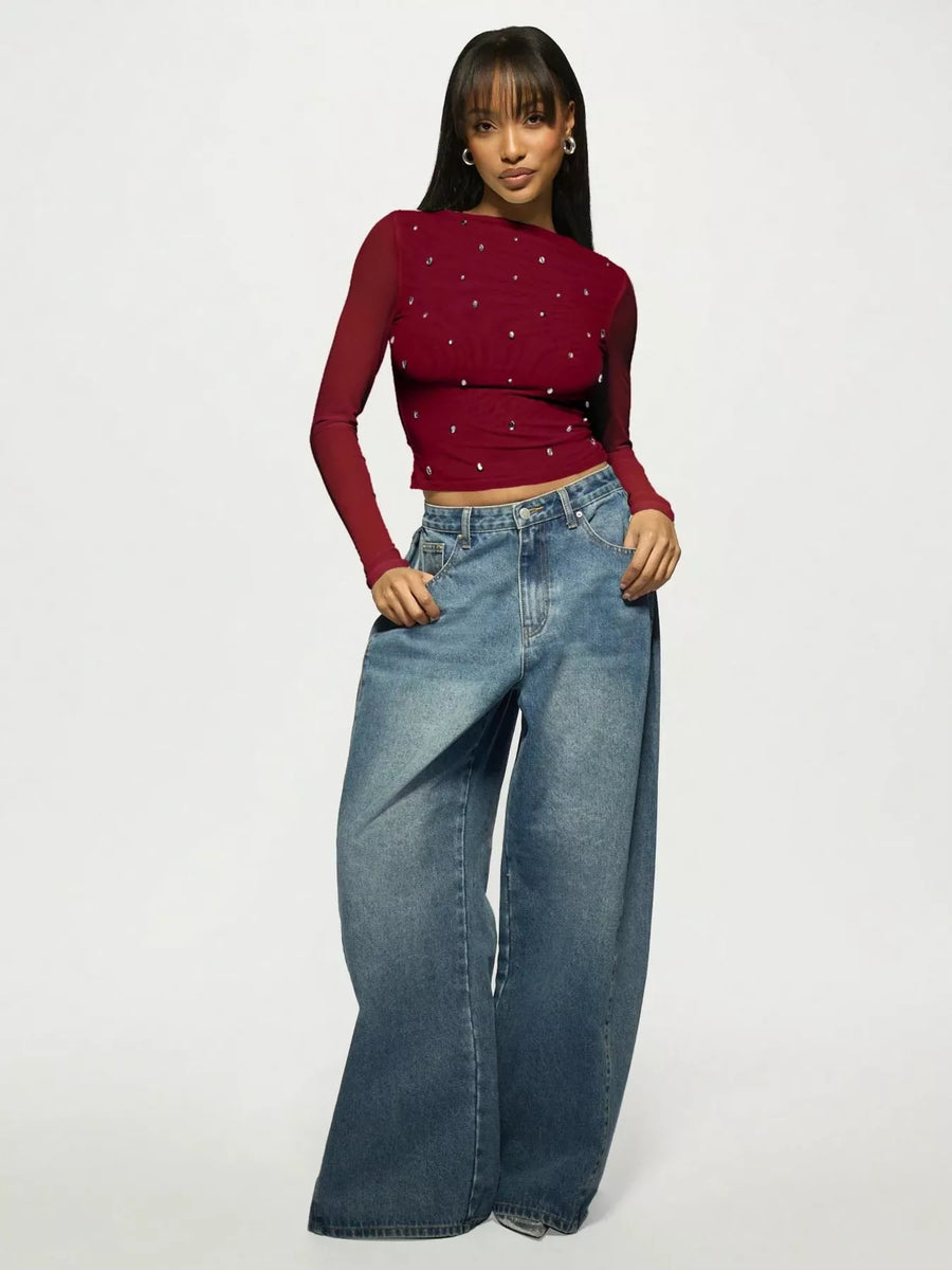 Burgundy rhinestone mesh long-sleeve t-shirt with allover sparkle detail.