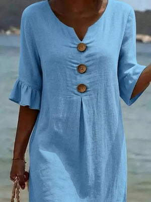 Light Khaki Button Decor Ruffle Sleeve Midi Dress Plus Size