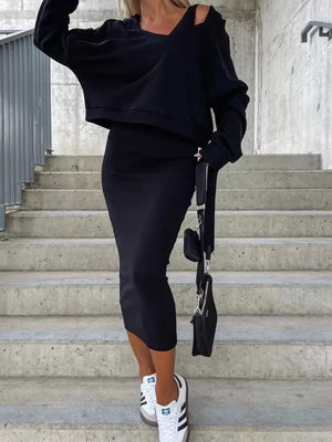 Brown two-piece set with cropped top and long sleeve