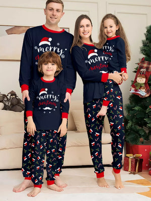 navy blue pajama set with graphic print and crew neck