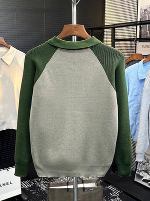 Green and grey ribbed knit polo sweater with long sleeves