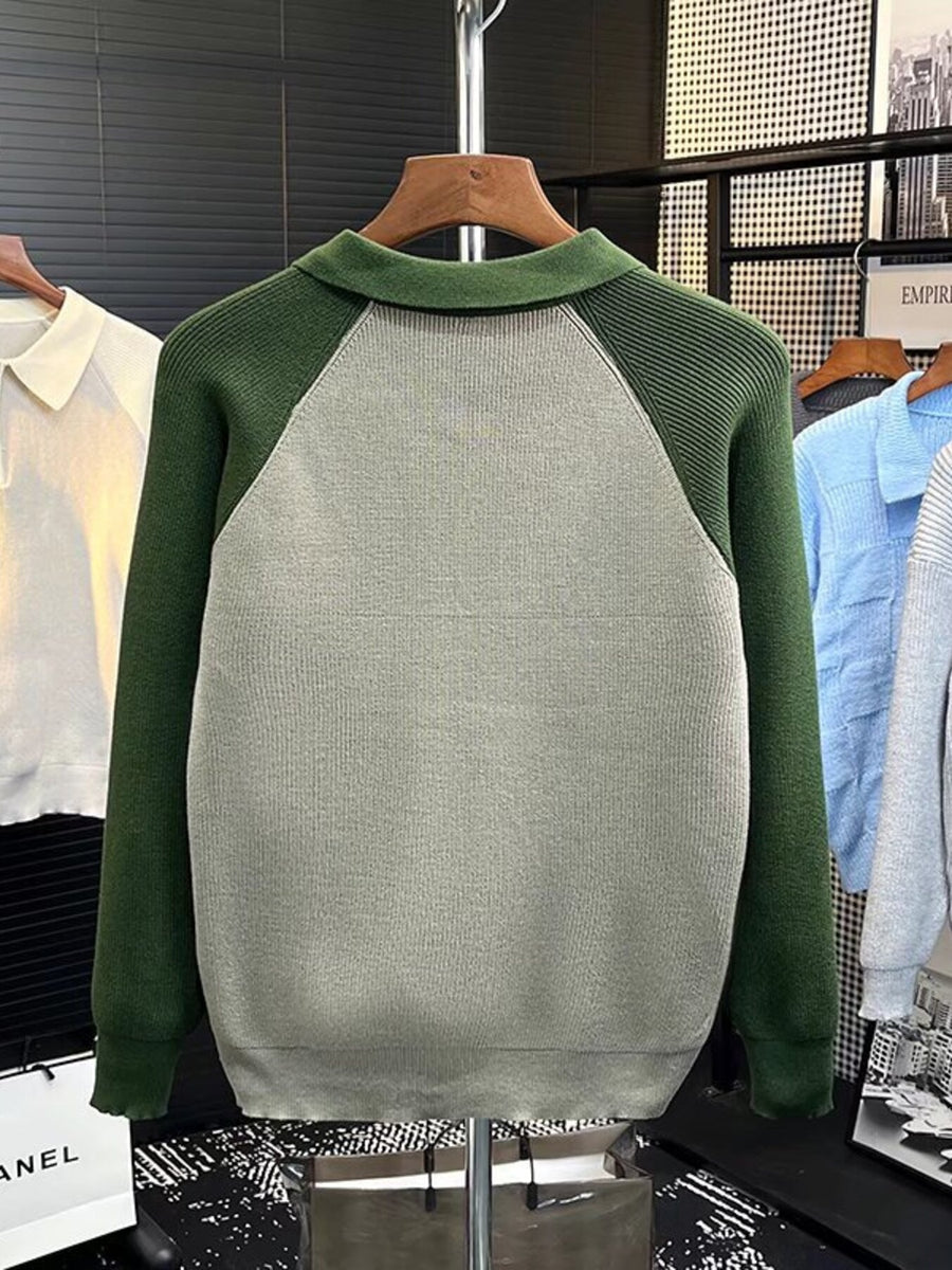 Green and grey ribbed knit polo sweater with long sleeves