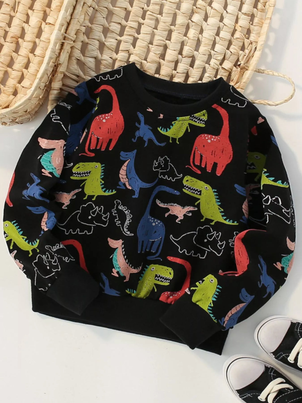 Black crew-neck sweatshirt with colorful dinosaur print for babies