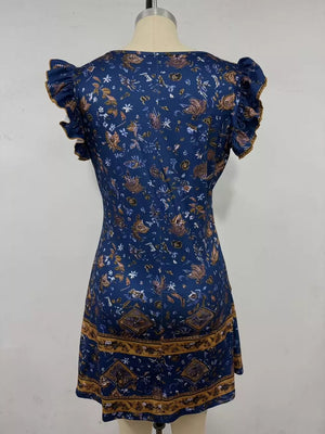 Ruffled V-neck Mini Dress in Navy
