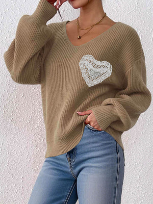 Lace Heart Dropped Shoulder Sweater in Camel with lace