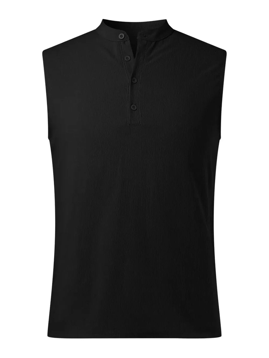 Black sleeveless shirt with mandarin collar and buttoned placket