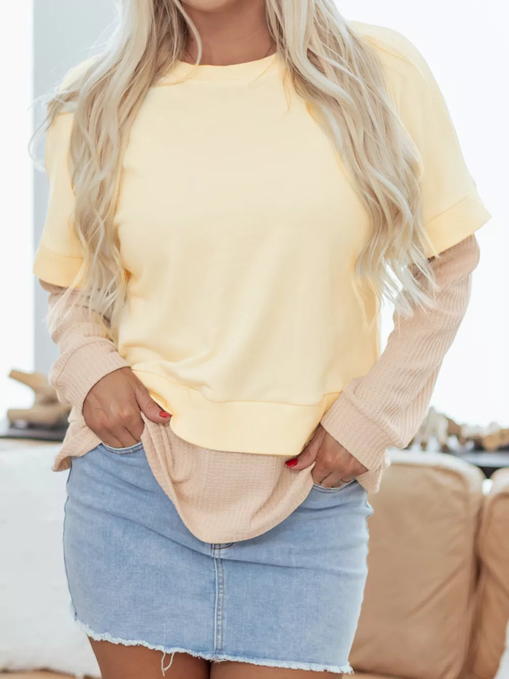 1 Faux Two Piece Patchwork Sweatshirt in Beige 2 In 1 Faux Two Piece Patchwork Sweatshirt