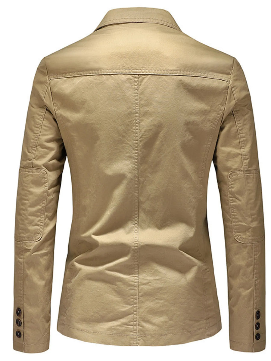 Casual slim fit cotton blazer in khaki with button cuffs and elbow patches.