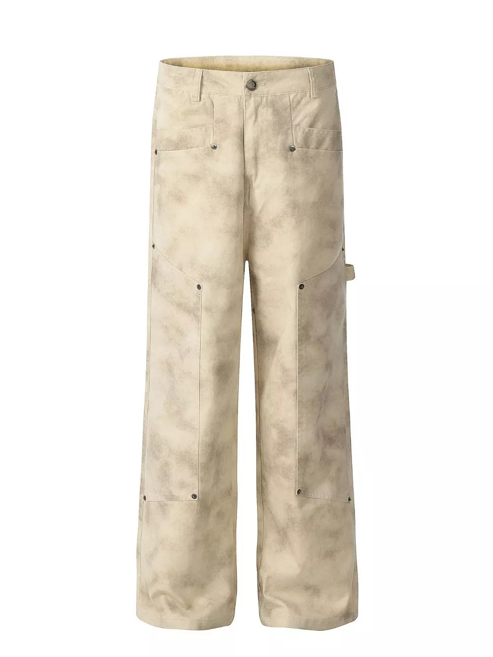 Men's beige distressed finish wide-leg sweatpants with a tie-dye effect.