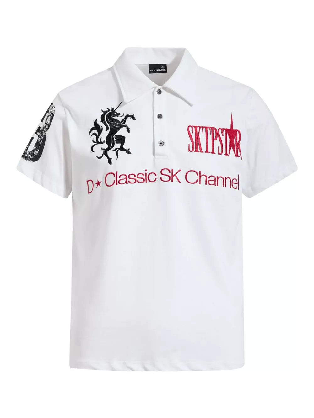 White cotton polo shirt with embroidered unicorn and red text graphics.