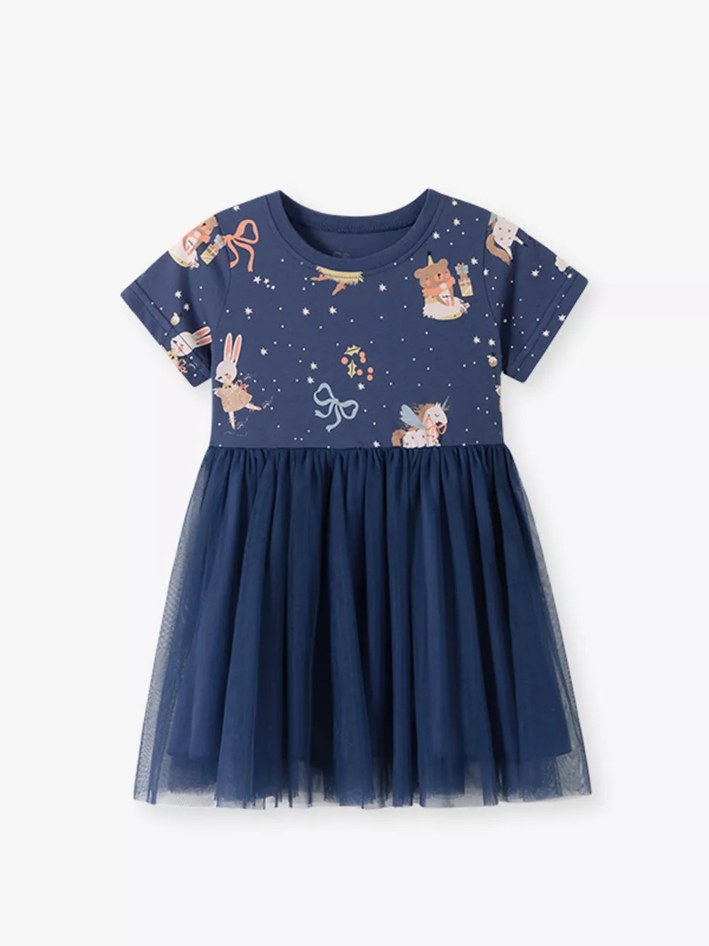 Navy blue baby dress with cartoon charms and tulle skirt