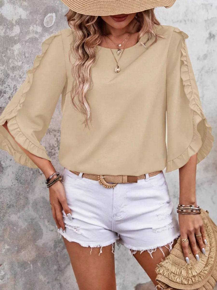 Apricot ruffled sleeve blouse with button detail and crew neck.