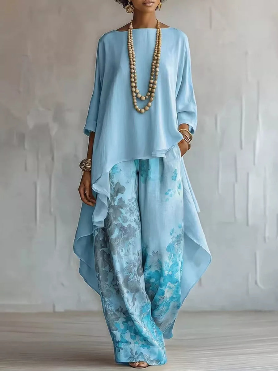 Asymmetrical Hem Top And Floral Pants Set in Pink