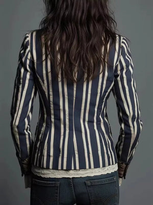 navy blue blazer with hip-length and button-front