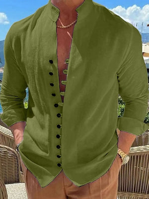 Moss linen shirt with mandarin collar and button placket