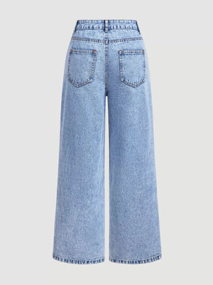 Blue wide-leg jeans featuring buttoned and ditsy floral