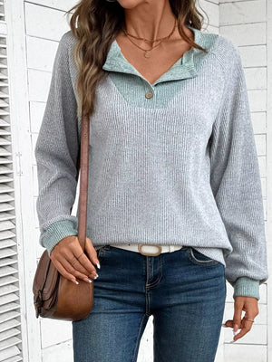 Gray ribbed maternity shirt with two-tone collar and button detail.