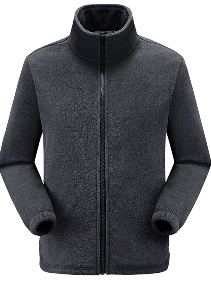 Grey fleece track jacket with full zip and stand-up collar.