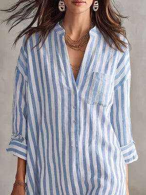 Blue Full Size Striped 3/4 Sleeve Shirt Dress Plus Size