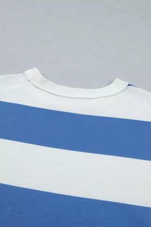 T-shirt dress with blue and white horizontal stripes and crew neck